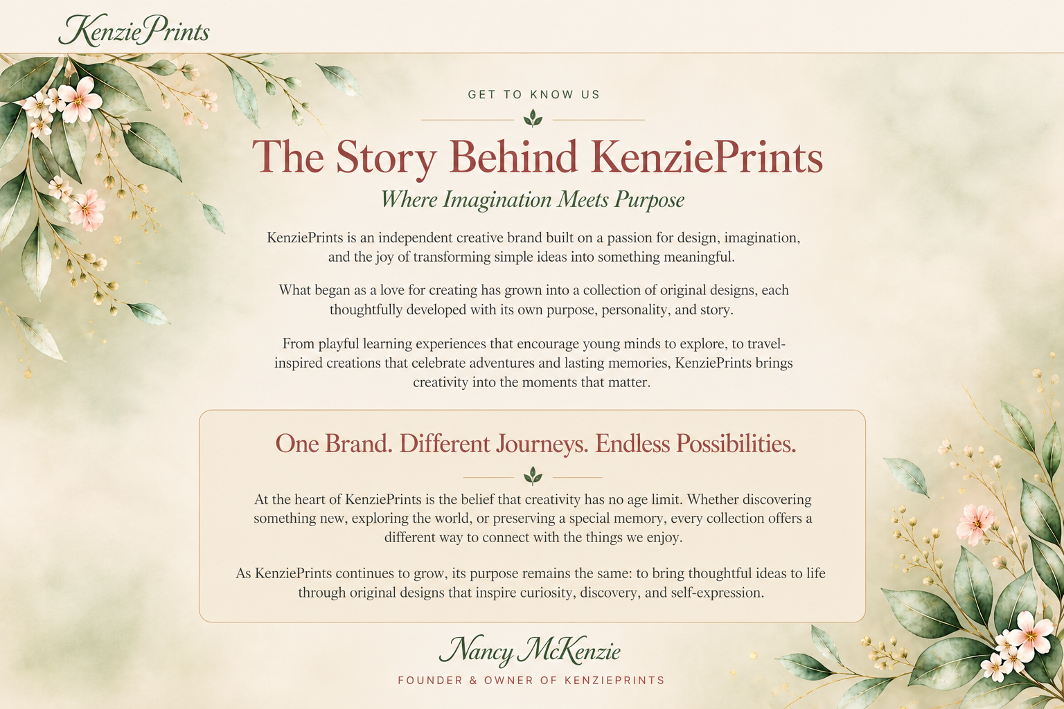 The Story Behind KenziePrints. Our brand story, creative vision, and a message from founder Nancy McKenzie.